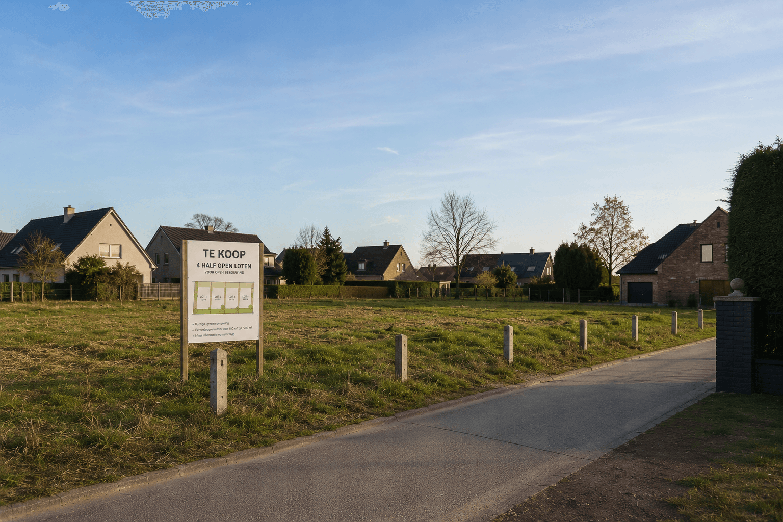 Bouwgrond te koop met verkoopbord op open terrein in een woonwijk