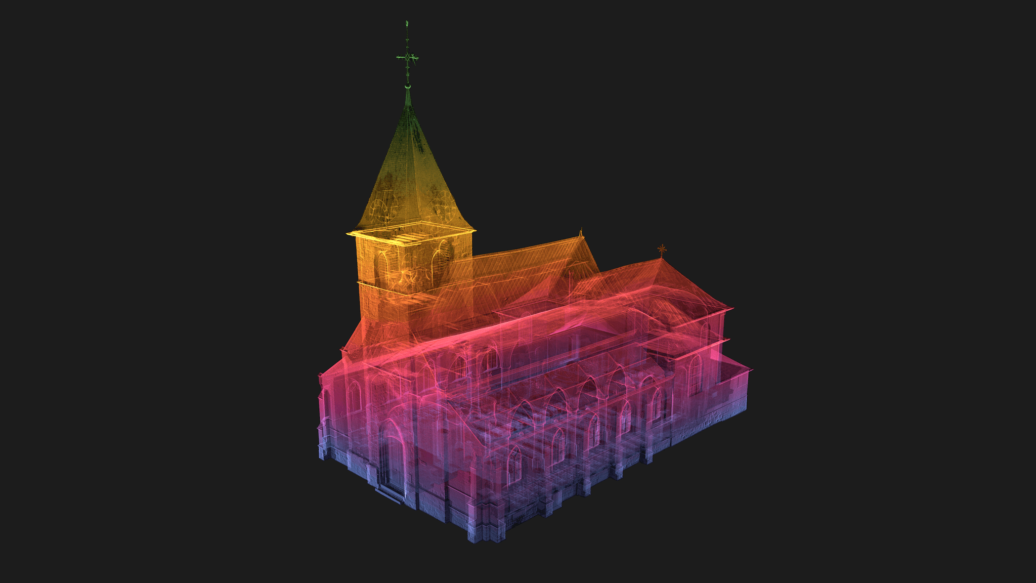 Puntenwolk van een kerk in 3D-perspectief