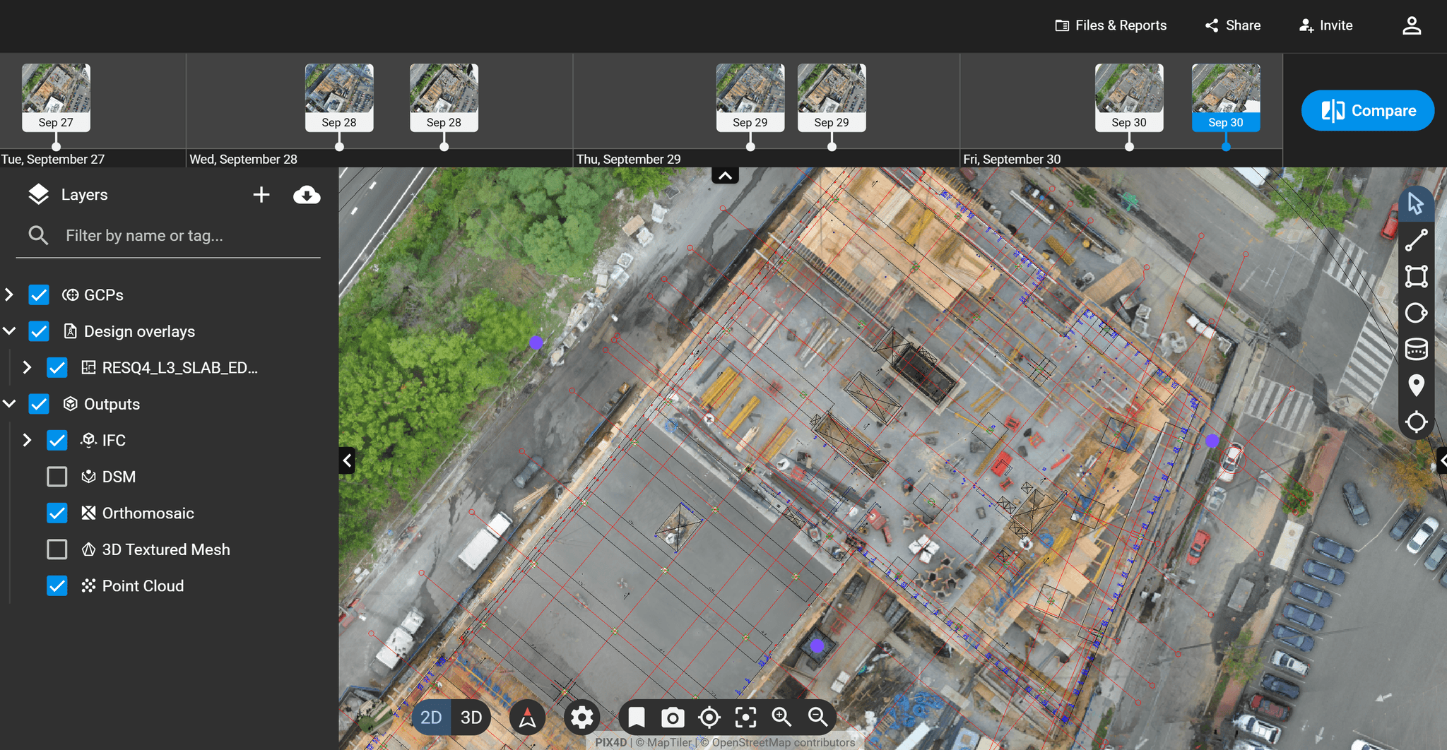 PIX4Dcloud online platform met orthofoto-overlay en tijdslijn voor projectopvolging